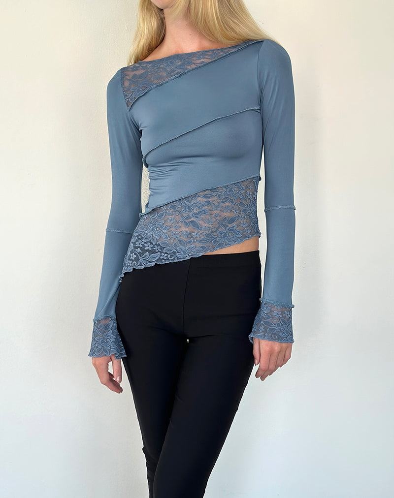 Motel Rocks Lucca Long Sleeve T-shirts Damen Grau Blau | ZNU597JJ