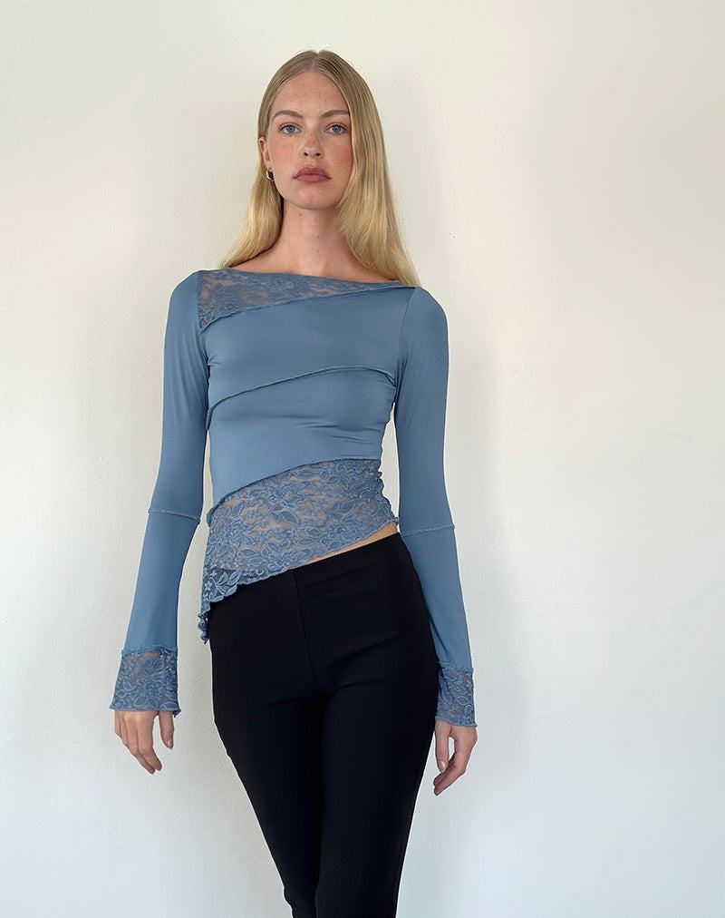 Motel Rocks Lucca Long Sleeve T-shirts Damen Grau Blau | ZNU597JJ