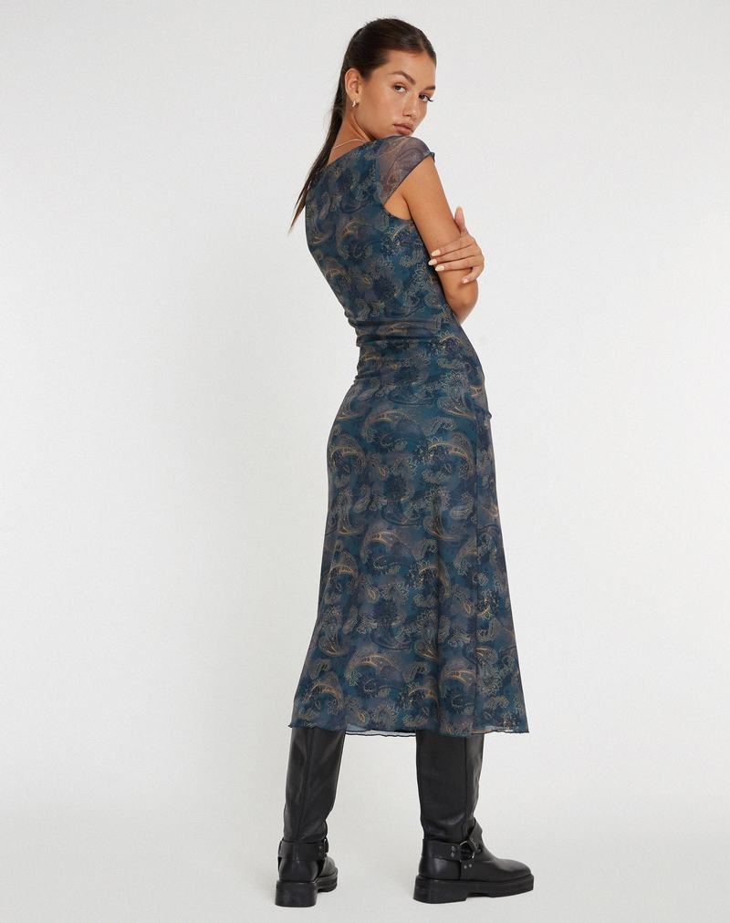 Motel Rocks Lunama Mesh Midi-kleid Damen Blau | LGI6395OG