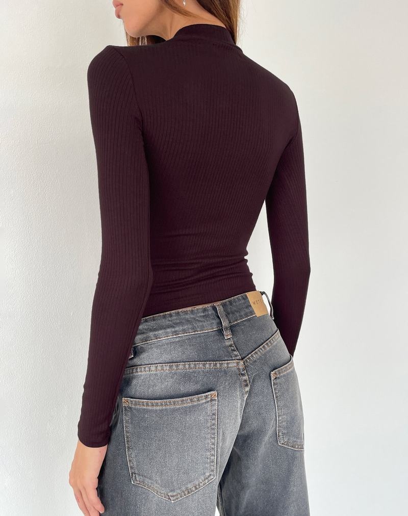 Motel Rocks Mabel High-neck Long Sleeve Gerippt T-shirts Damen Dunkelrot | MEB5129PG