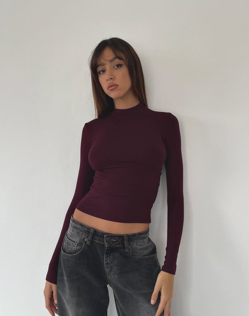 Motel Rocks Mabel High-neck Long Sleeve Gerippt T-shirts Damen Dunkelrot | MEB5129PG