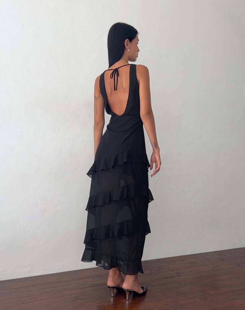 Motel Rocks Otna Ruffle Detail Chiffon Maxikleid Damen Schwarz | VTT9912EH
