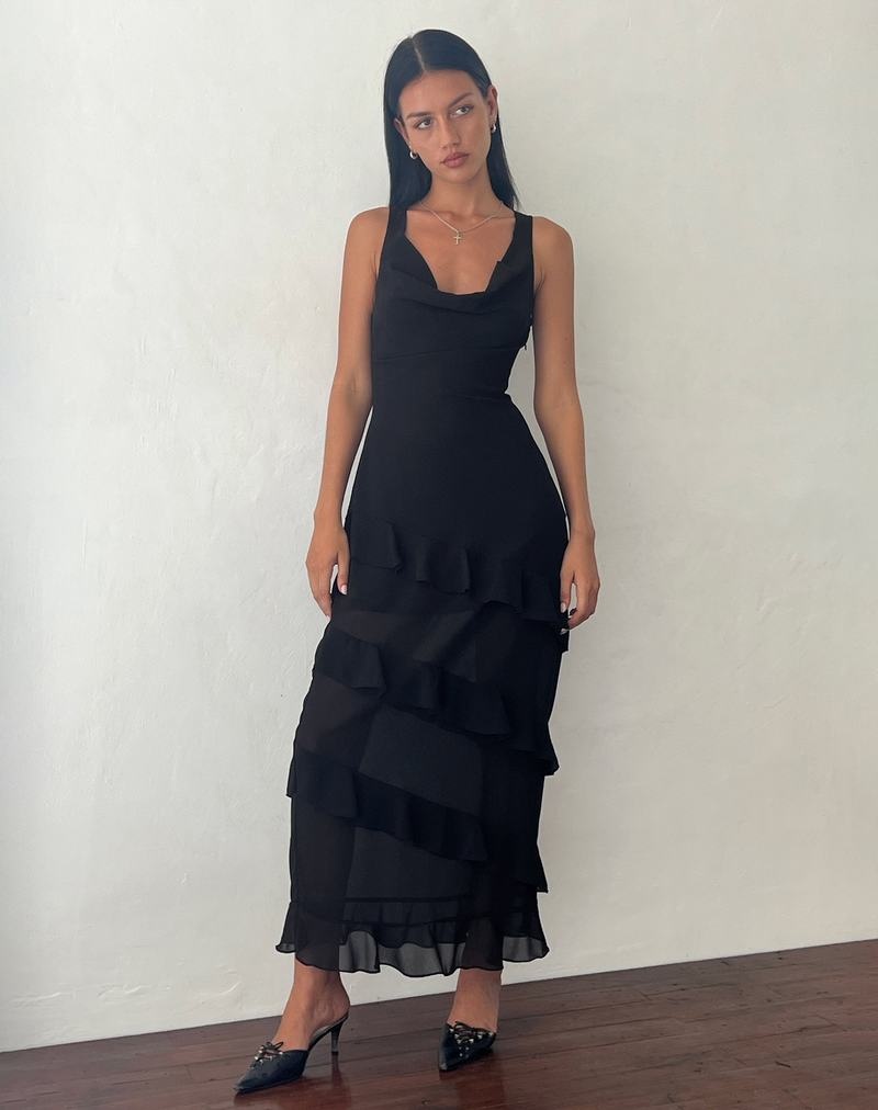 Motel Rocks Otna Ruffle Detail Chiffon Maxikleid Damen Schwarz | VTT9912EH