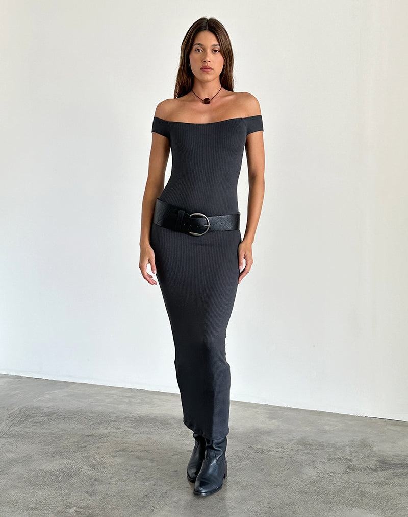 Motel Rocks Racha Thick Rib Bardot Maxikleid Damen Schwarz | YRG4384ZJ