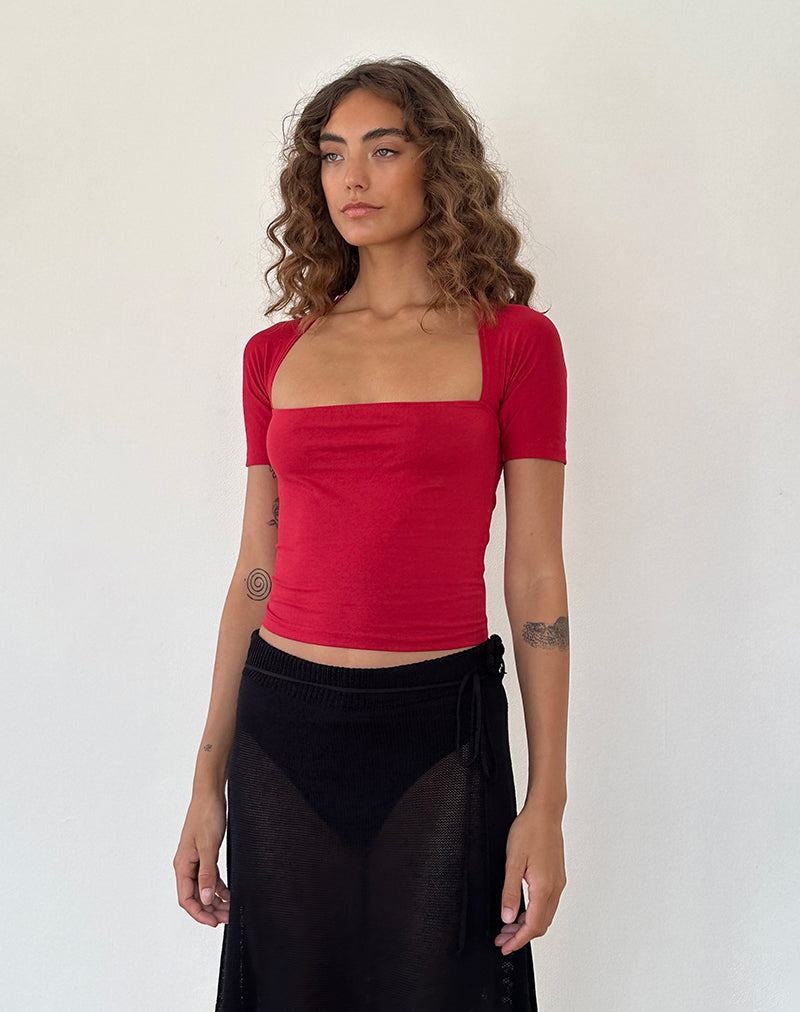 Motel Rocks Requa Kurzes Sleeve Square Neck Kurz Geschnittene Oberteile Damen Rot | NEI1121OR