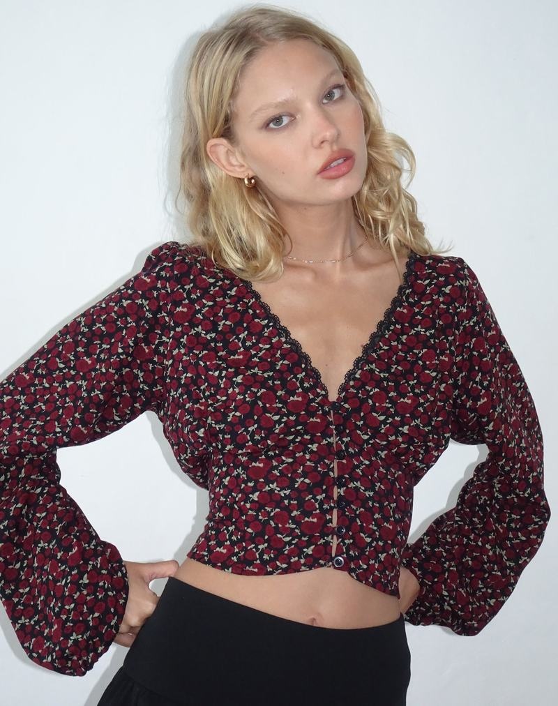 Motel Rocks Rosani Long Sleeve Bluse Damen Dunkelrot Schwarz | IOE8660PQ