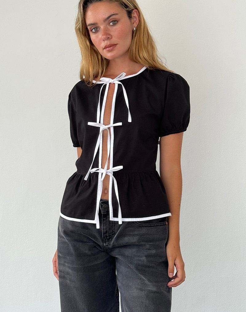 Motel Rocks Ryota Tie Front Bluse Damen Schwarz Weiß | AYK1754XG